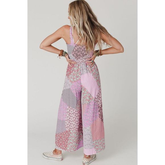 Azura Exchange  Pink Irregular Patchwork Print Smocked Wide Leg Jumpsuit - Picture 2 of 7